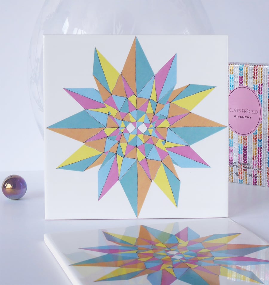 Multicoloured Geometric Star Pattern Ceramic Tile Trivet with Cork Backing