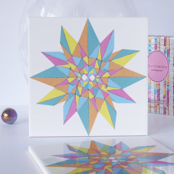 Multicoloured Geometric Star Pattern Ceramic Tile Trivet with Cork Backing