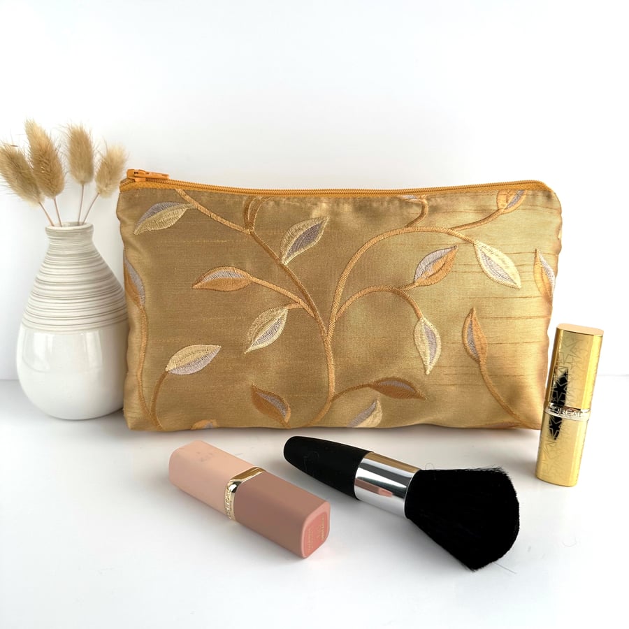 Gold Make up Bag in Leaf Patterned Fabric