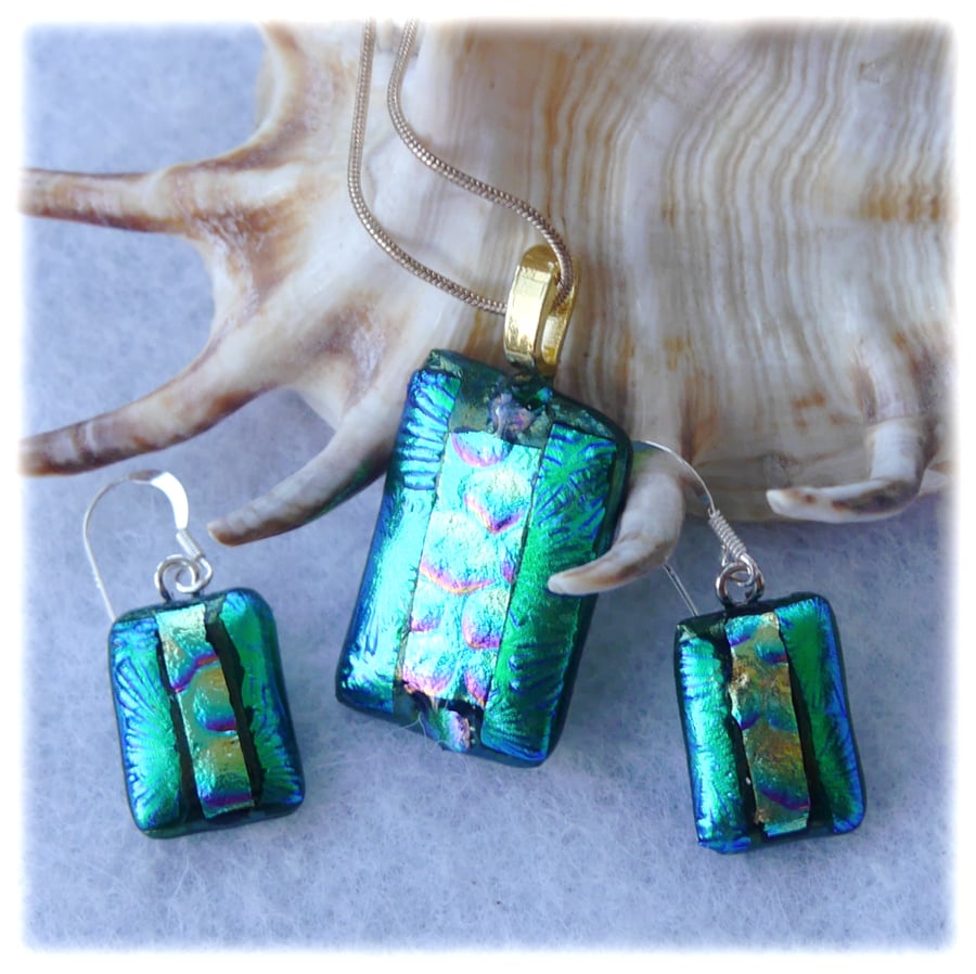 SOLD Dichroic Glass Pendant Earring Set 095 Emerald Peacock with Gold Chain