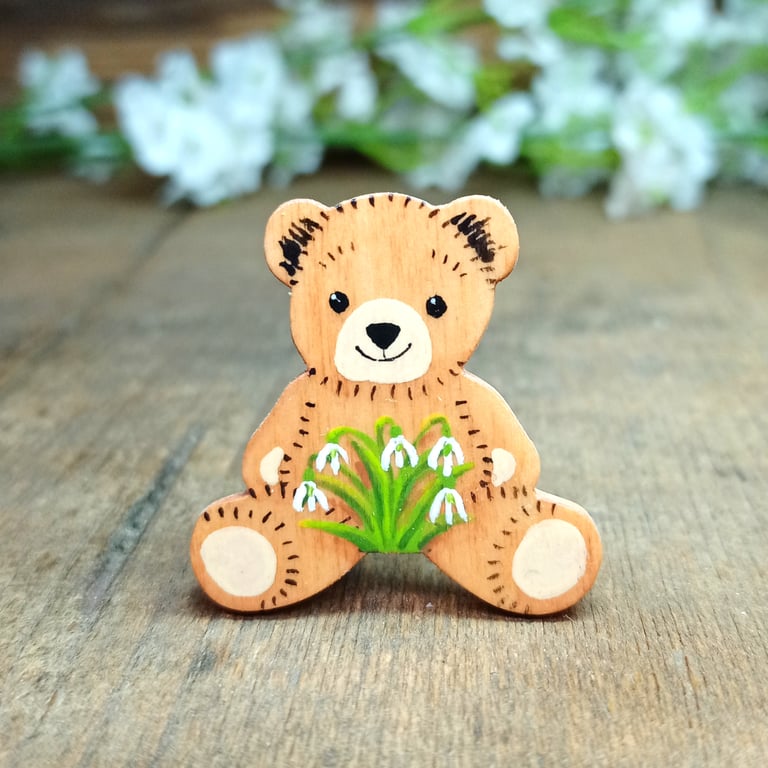 Snowdrop Teddy Bear Brooch, Handmade January Birth Flower, Miscarriage Gift