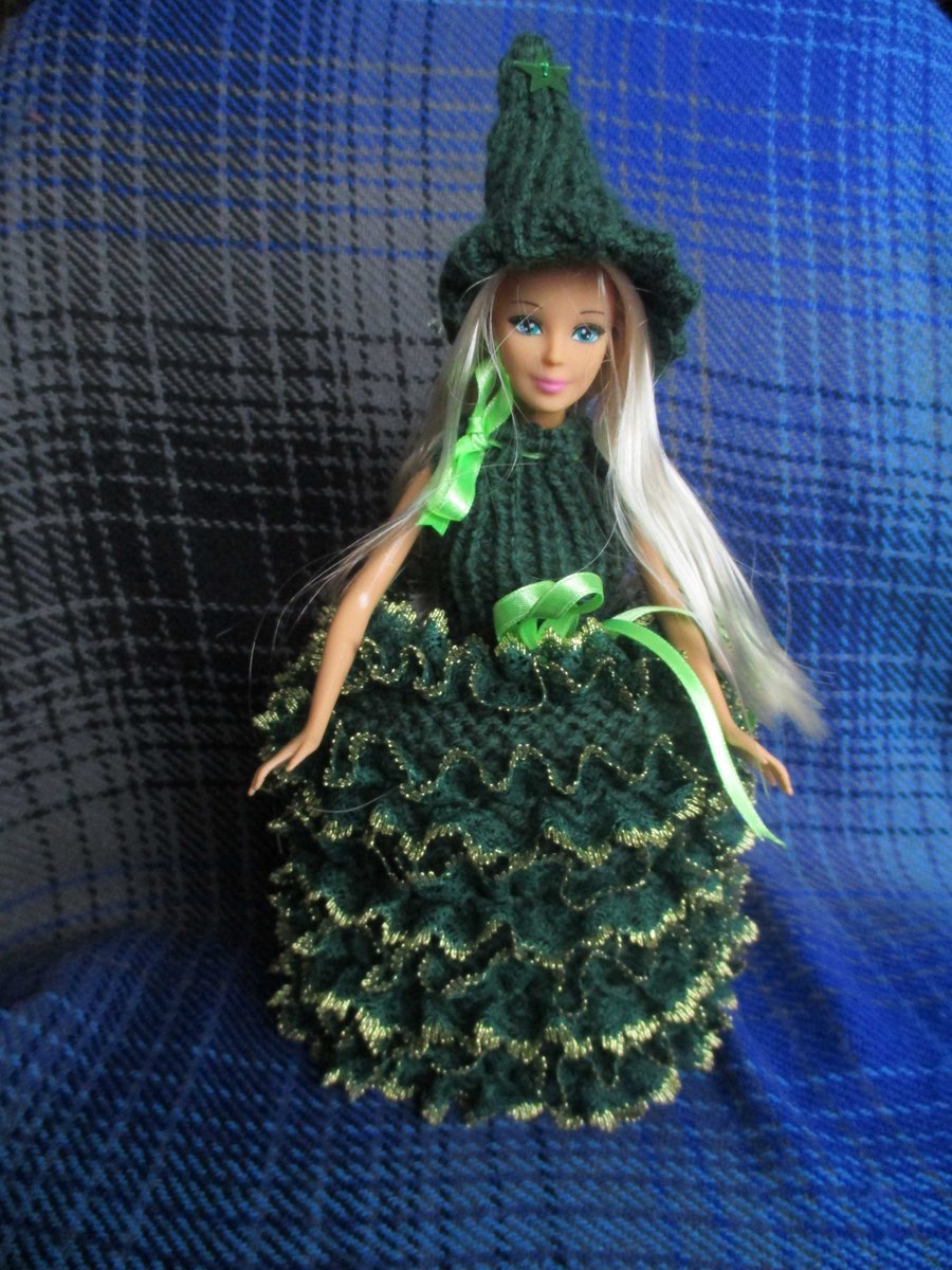 Hand Knitted Christmas tree Doll Spare Toilet Roll Cover