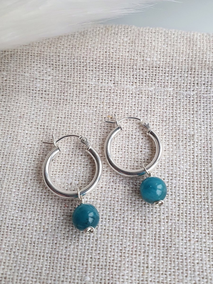 Blue apatite and sterling silver dainty hoop earrings