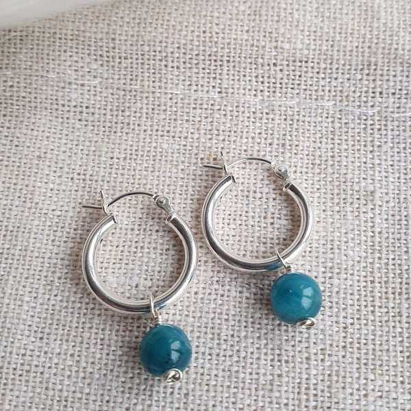 Blue apatite and sterling silver dainty hoop earrings