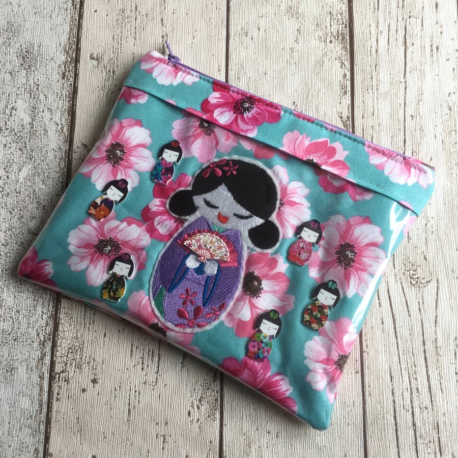 Japanese Themed Clear Vinyl Front Fabric Zipped Pouch