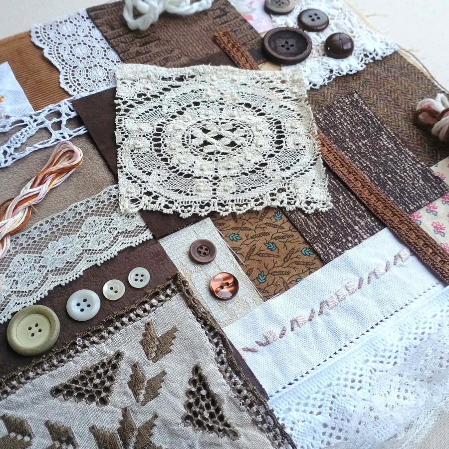 Hot Chocolate Slow Stitching Kit - vintage lace reclaimed wool velvet