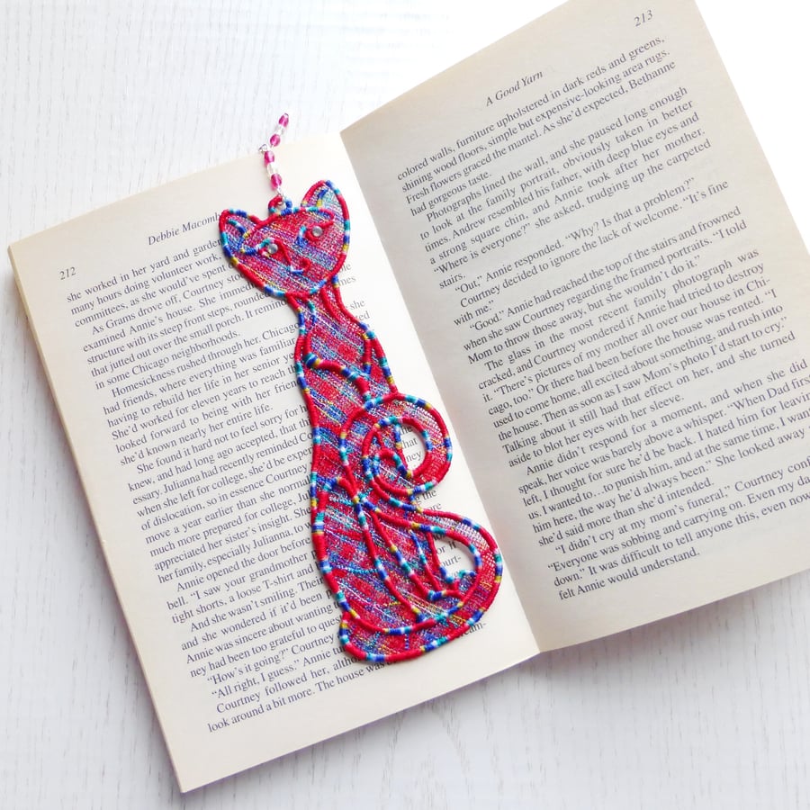 Cat Bookmark, embroidered lace