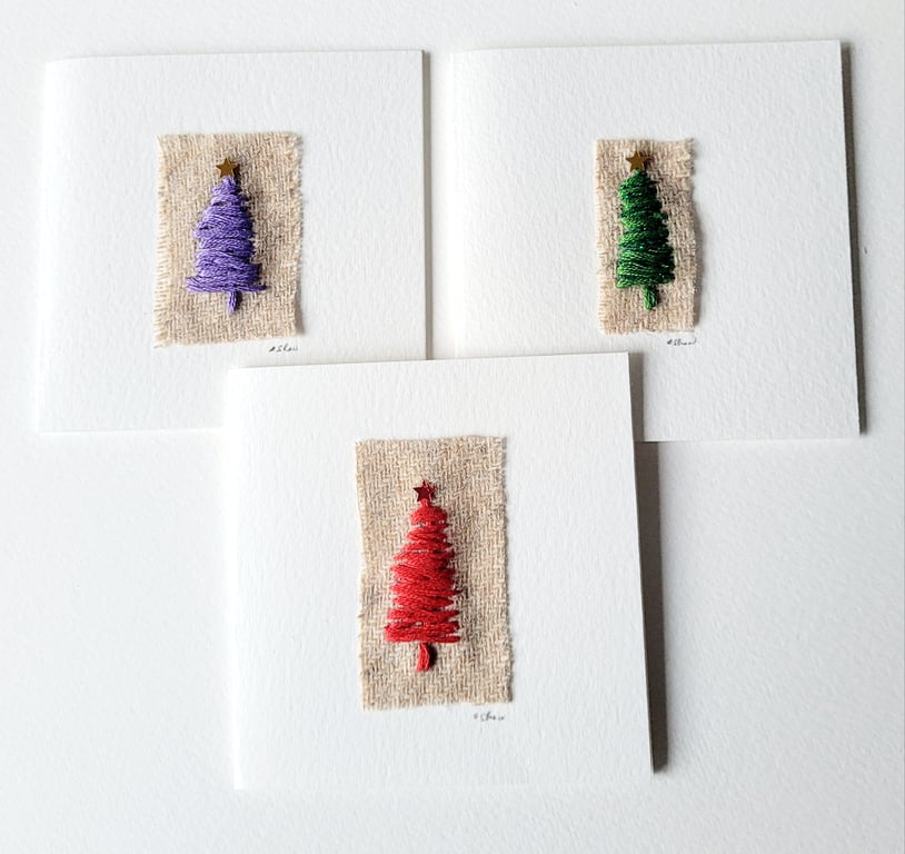 Handmade Embroidered 'Mini Christmas Trees' Greeting Cards - 3 Colours 