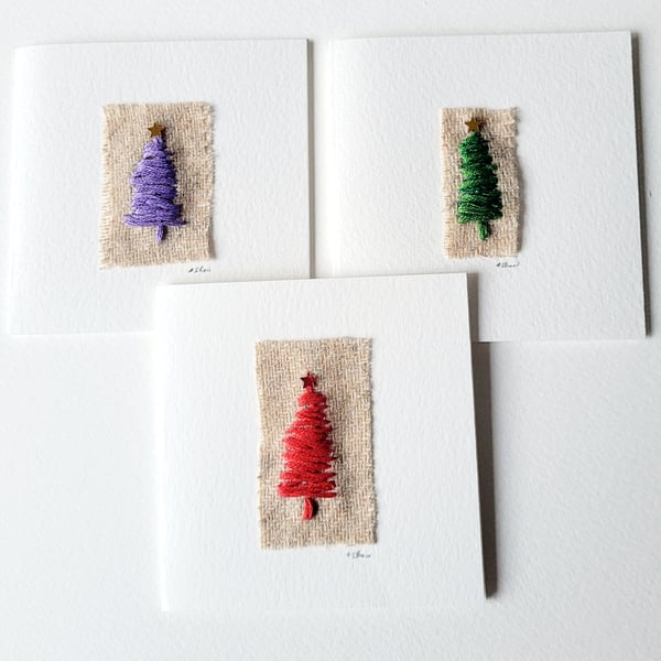 Handmade Embroidered 'Mini Christmas Trees' Greeting Cards - 3 Colours 