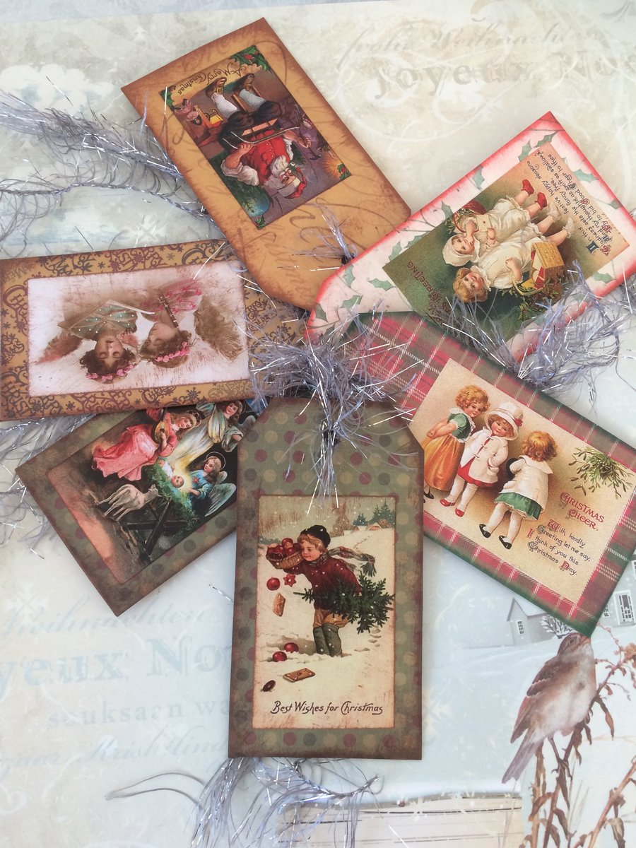 Festive Vintage Style Gift Tags, Set of 6.