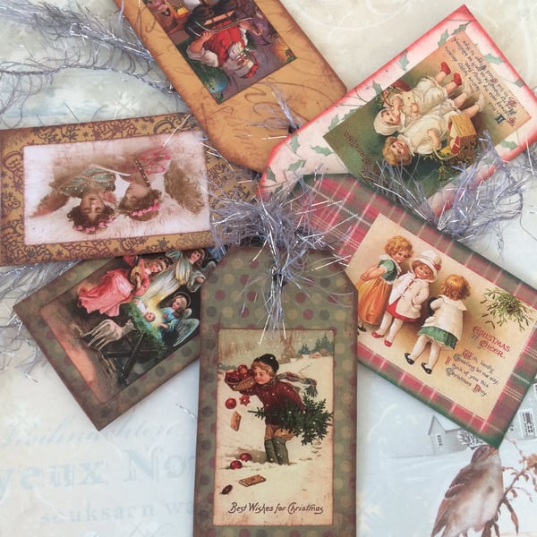 Festive Vintage Style Gift Tags, Set of 6.