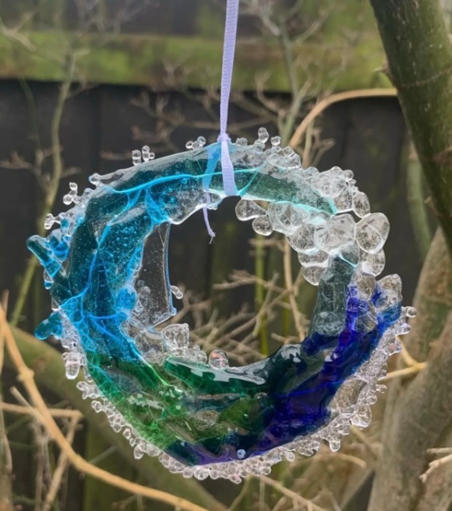 Handmade Fused Glass Ocean Wave Suncatcher