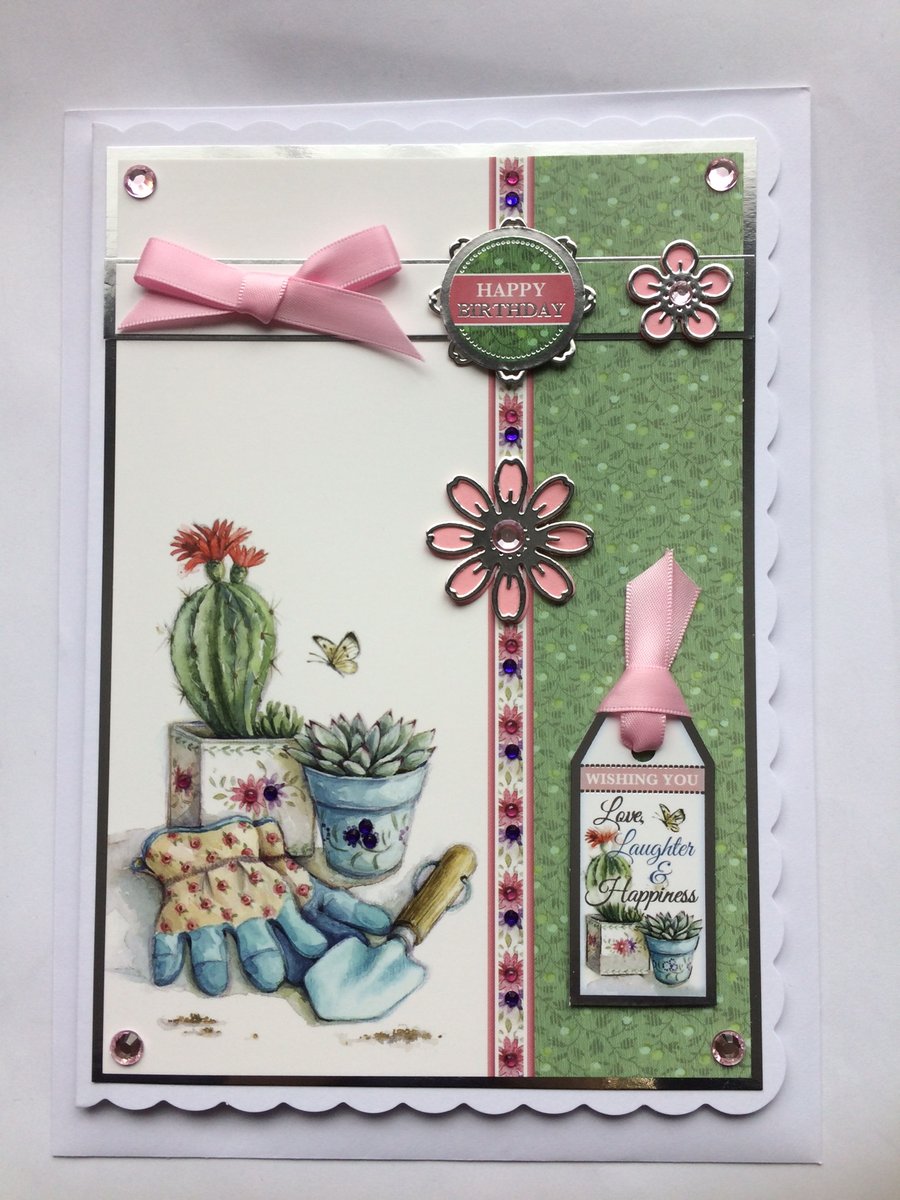 Happy Birthday Card Gardening Cactus Gloves Trowel 3D Luxury Handmade Card 