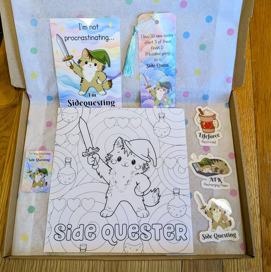 Gamer Cat Stationery Gift Box Side Questing Art Print, Bookmark, Coloring Page, 