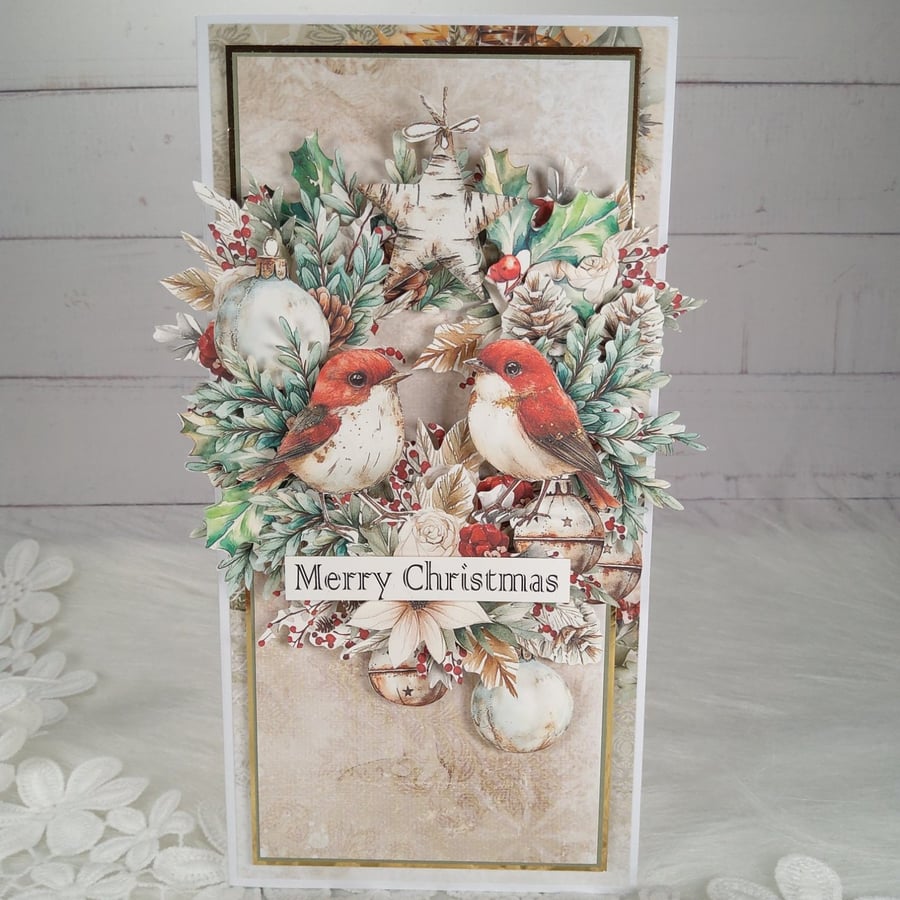 Handmade Christmas Card (69) Robins & Winter Wreath