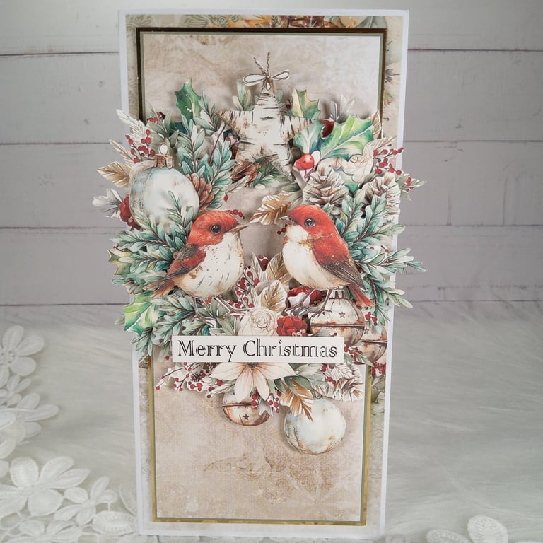 Handmade Christmas Card (69) Robins & Winter Wreath
