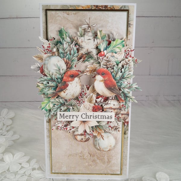 Handmade Christmas Card (69) Robins & Winter Wreath