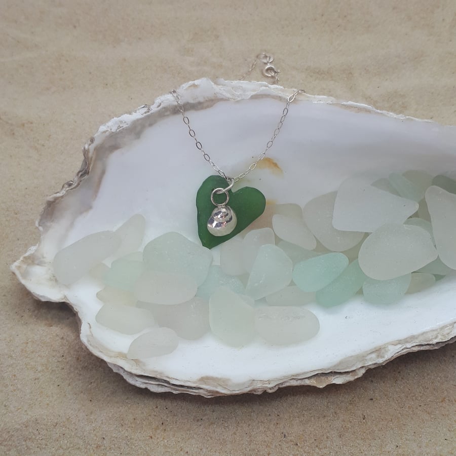 Sea glass heart and silver shell pendant - Seconds Sunday 