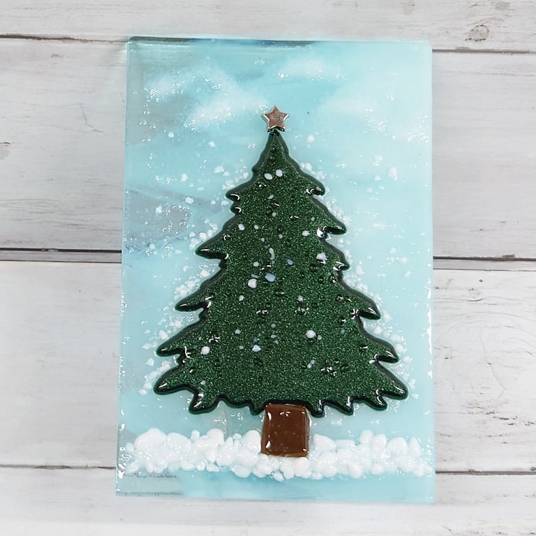 Snowy Winter Tree Tealight holder: Sparkly Green Fused Glass Christmas Ornament