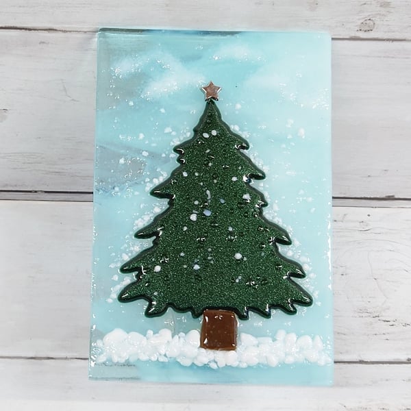 Snowy Winter Tree Tealight holder: Sparkly Green Fused Glass Christmas Ornament