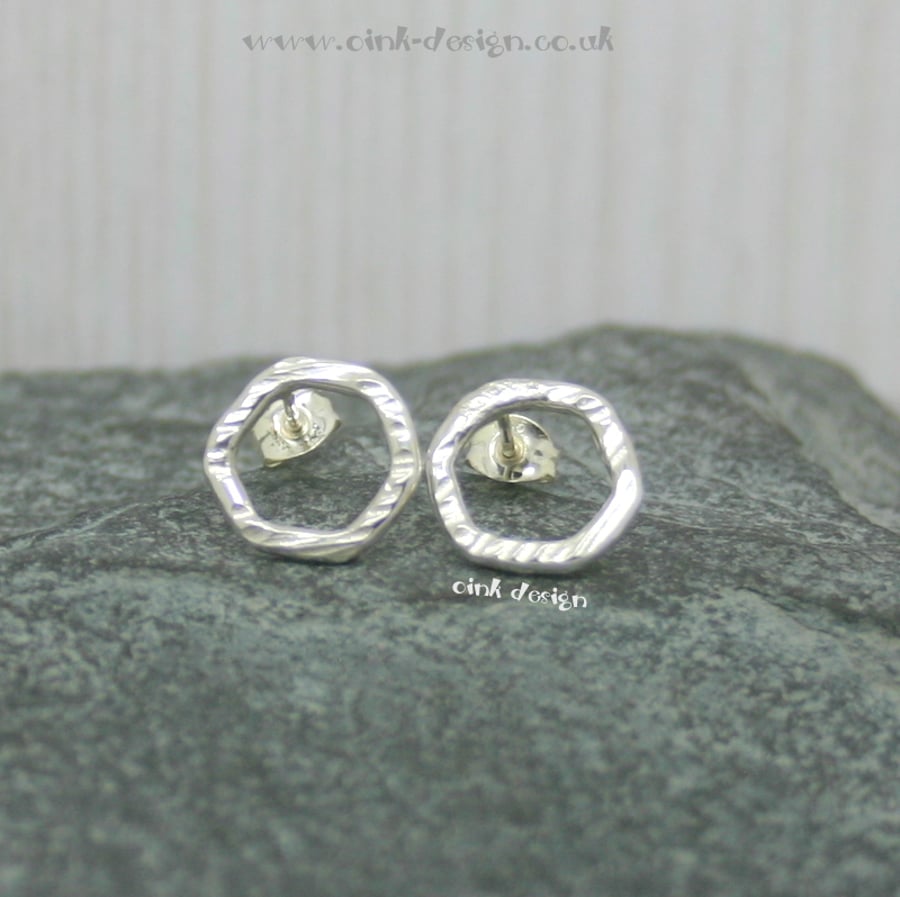 Sterling silver textured hexagonal stud earrings