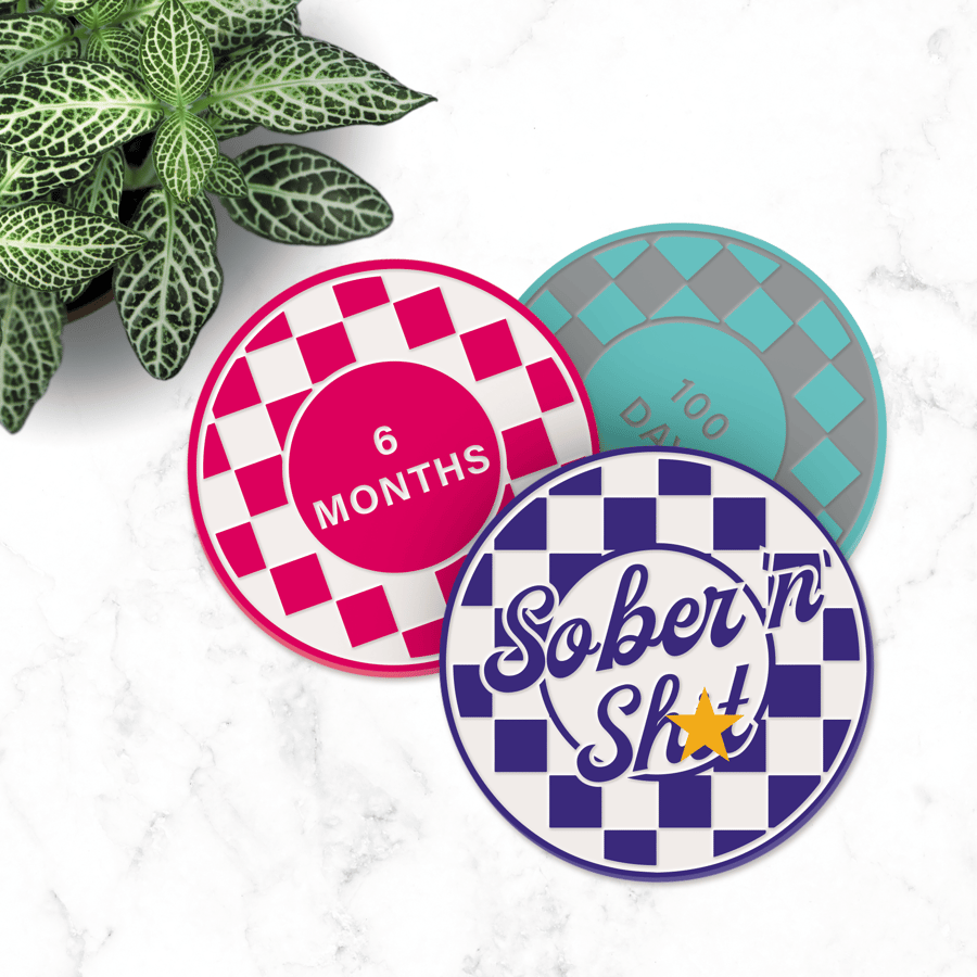 Sober 'n' Sh't - Checkered Acrylic Sobriety Chip: Customisable Sober Token