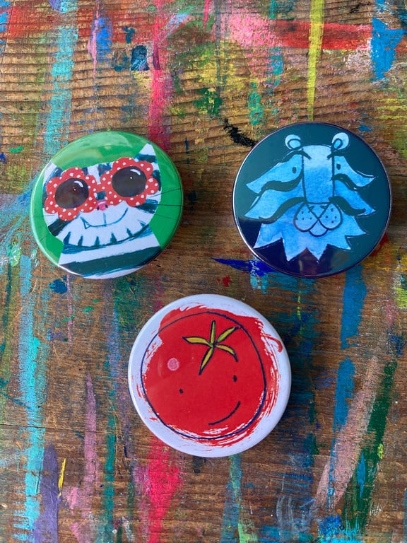 Fun illustrated pin badges by Jo Brown Happy Tomato