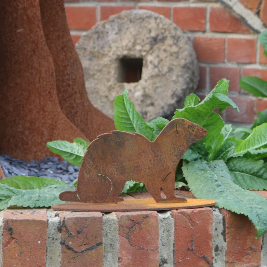 Rusty metal ferret outdoor and garden gift, ferret garden ornament