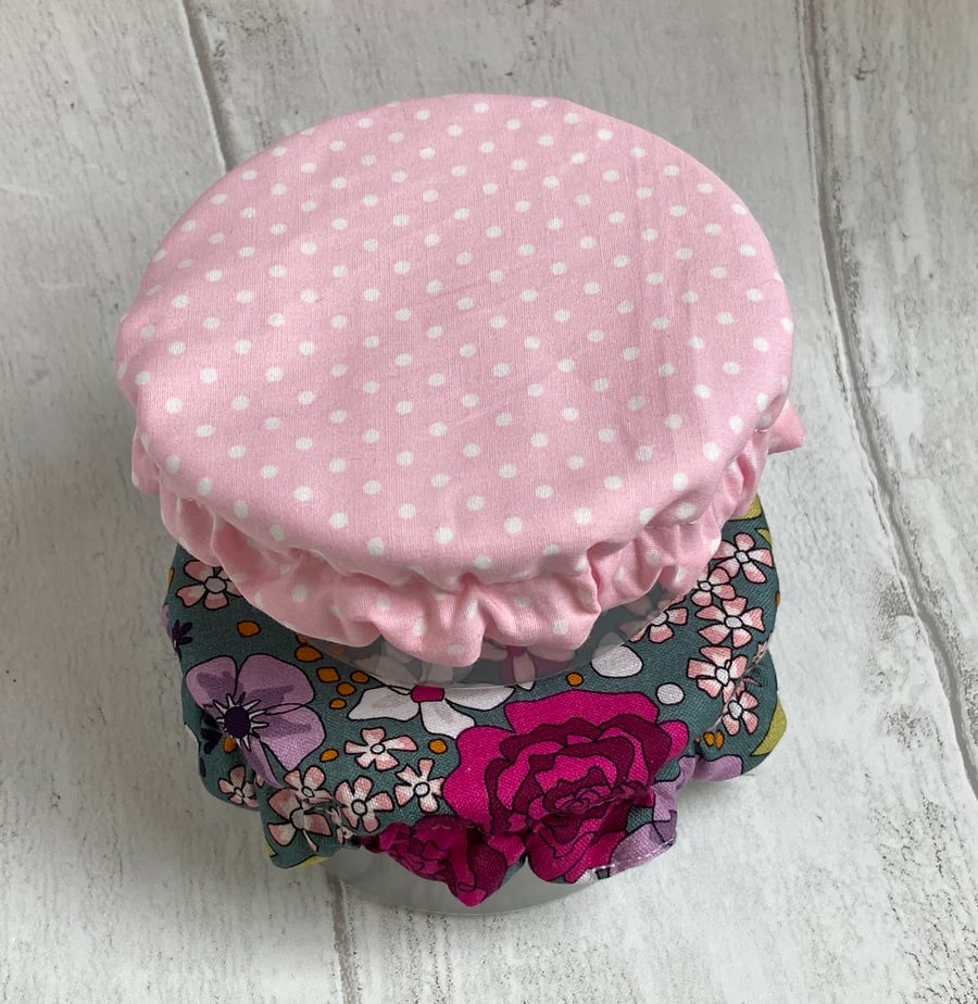 Extra small bowl covers for dips. Set of two. Pink and floral