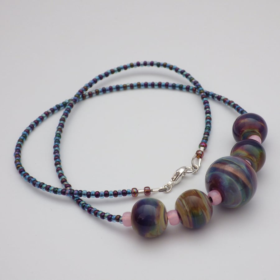 Raku multicoloured lampwork glass bead necklace