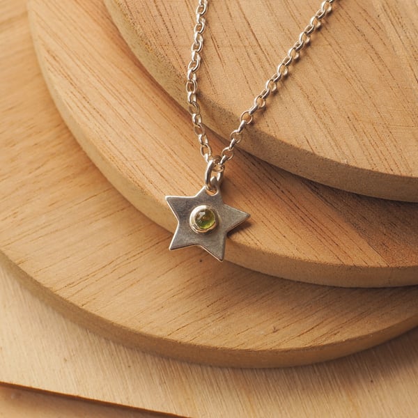 Silver Star Pendant with August Birthstone Peridot
