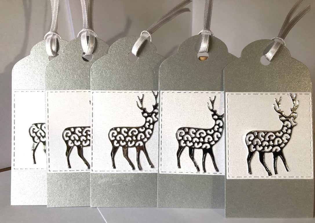 Handmade Silver Reindeer Gift Tags: Pearlescent Christmas, Set of 5