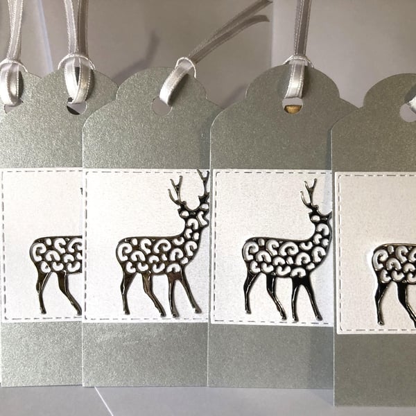 Handmade Silver Reindeer Gift Tags: Pearlescent Christmas, Set of 5