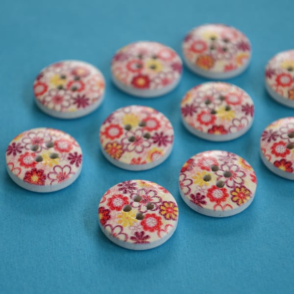 15mm Wooden Floral Buttons Red Purple Yellow 10pk Flowers (SF17)