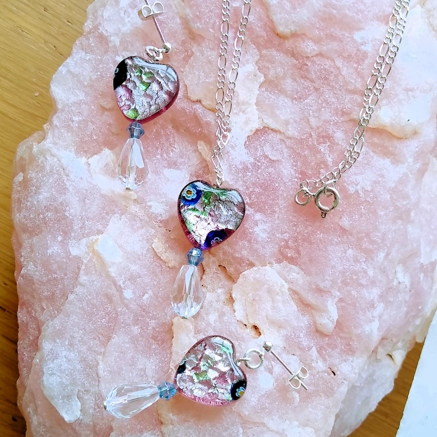 Lilac Purple Glass Heart Pendant & Silver Figaro Chain Necklace & Earring Set   