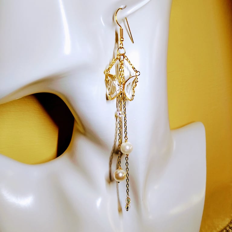 Crystal Butterfly Gold Extra Long Shoulder Length Chain Dangle Earrings