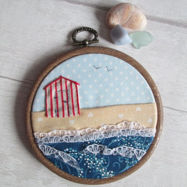 Beach Hut Applique Hoop Art, Seaside Textile Art