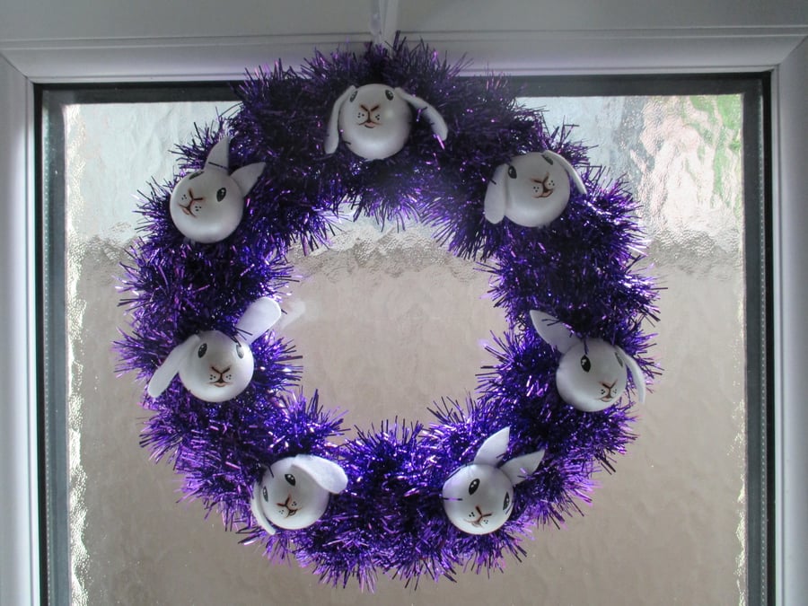 Christmas Wreath Tinsel with Bunny Rabbit Hand Painted Bauble Heads White Purple