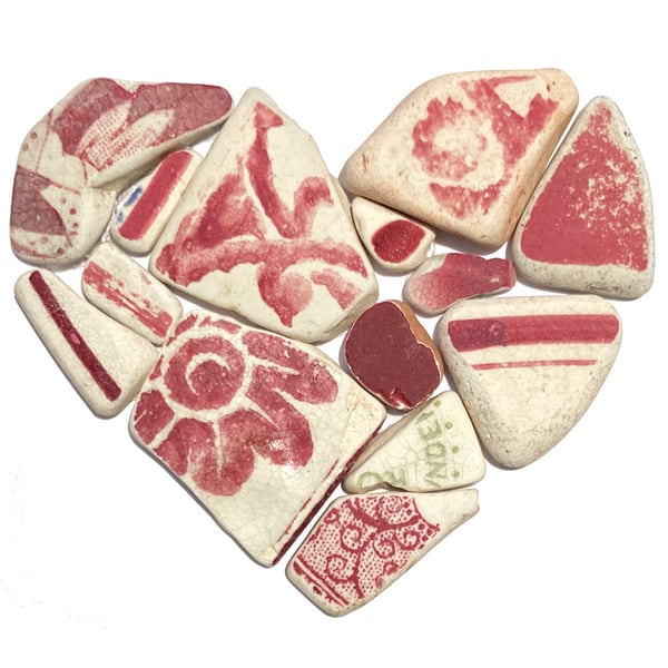 Pink Sea Pottery Heart Mosaic. Original Antique Beach Spongeware Pebble Wall Art