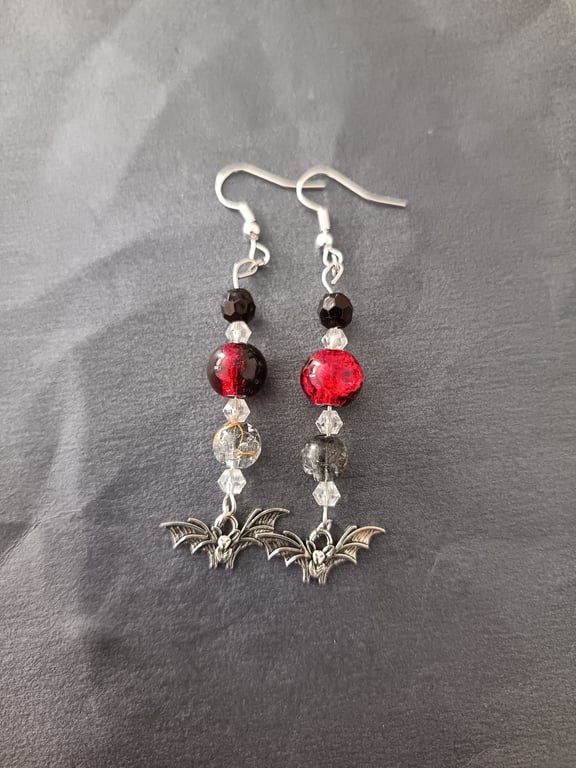 Gothic beaded bat charm dangle earrings 