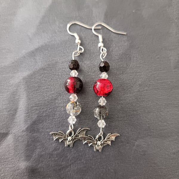Gothic beaded bat charm dangle earrings 