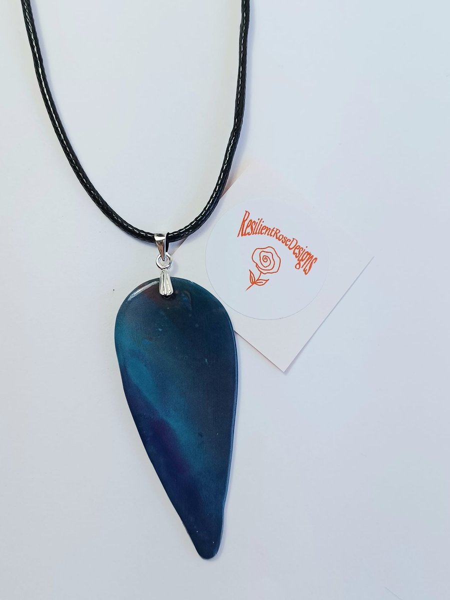 Dark blue multicoloured unique handmade large teardrop pendant      