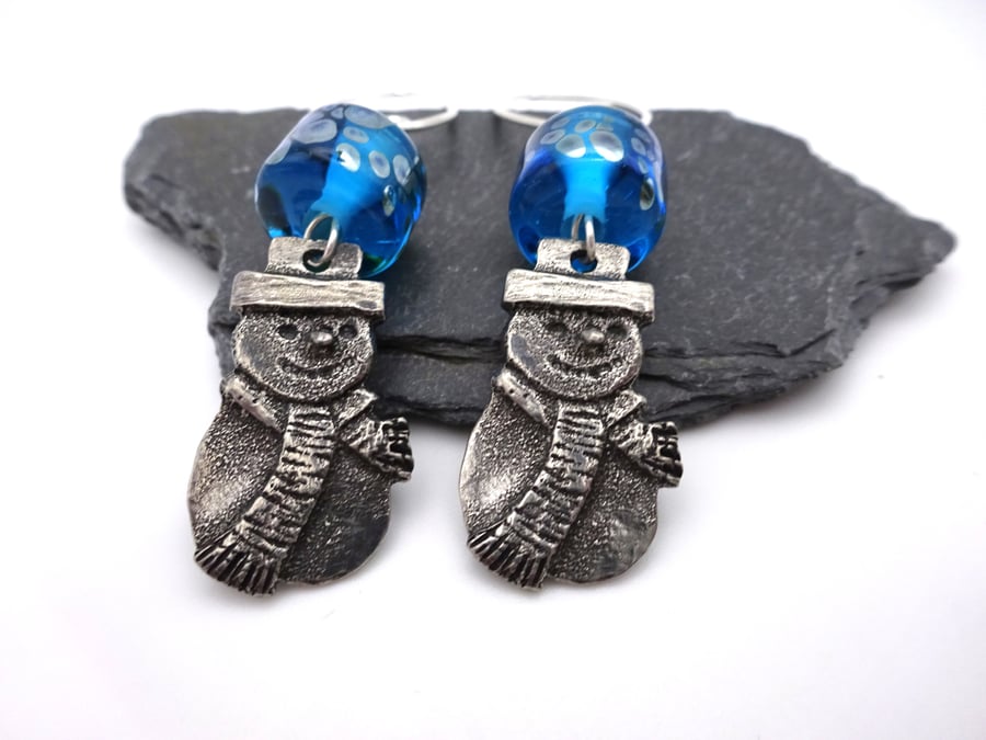 blue lampwork glass snowman earrings