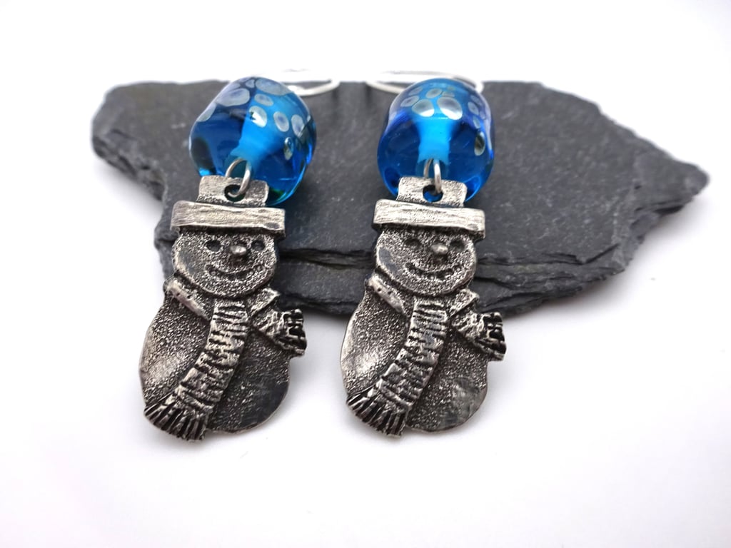 blue lampwork glass snowman earrings
