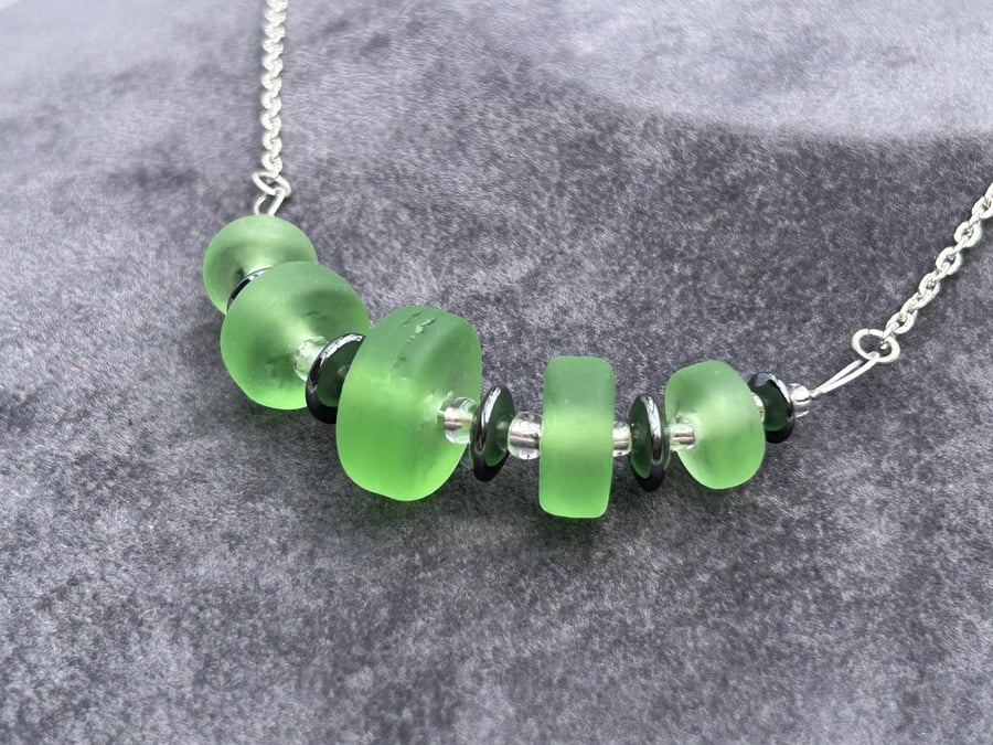 green etched sea glass style lampwork glass beaded necklace with haematite beads
