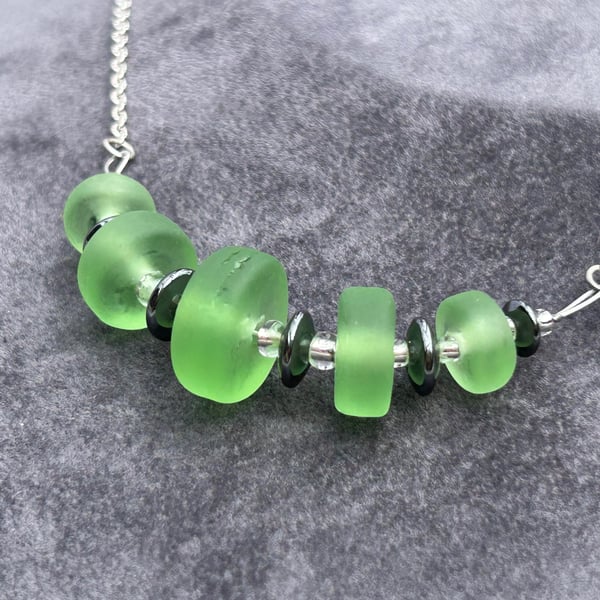 Green and Brown Swirled Lampwork and Wood Bead Necklace Sterling Silver Adjustable - Made in the USA Green and Brown Swirled Lampwork and Wood Bead Necklace Sterling Silver Adjustable - Made in the USA