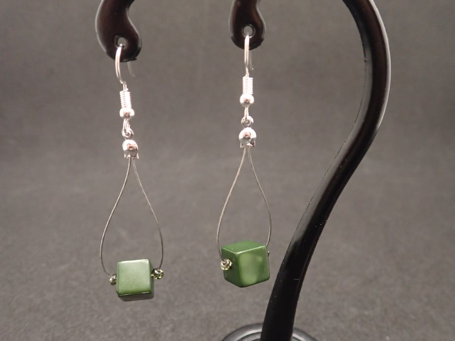 Green cube loop earring