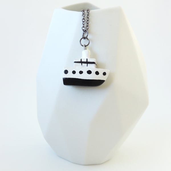 Wooden Boat Necklace - Nautical Ship Charm - Hand-Painted - Black & White Wood