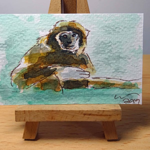 ACEO Animal Art Gibbon Sit Original Watercolour and Ink Painting OOAK Monkey