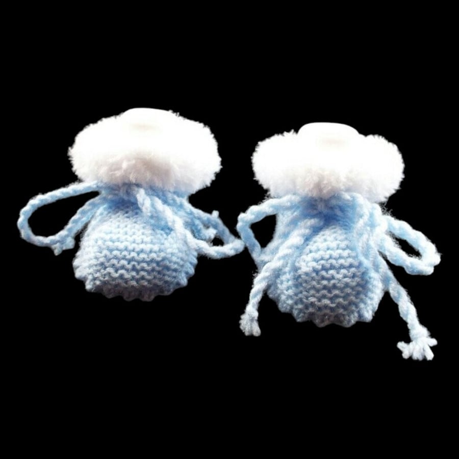 Hand knitted baby boy blue booties with white faux fur trim Seconds Sunday